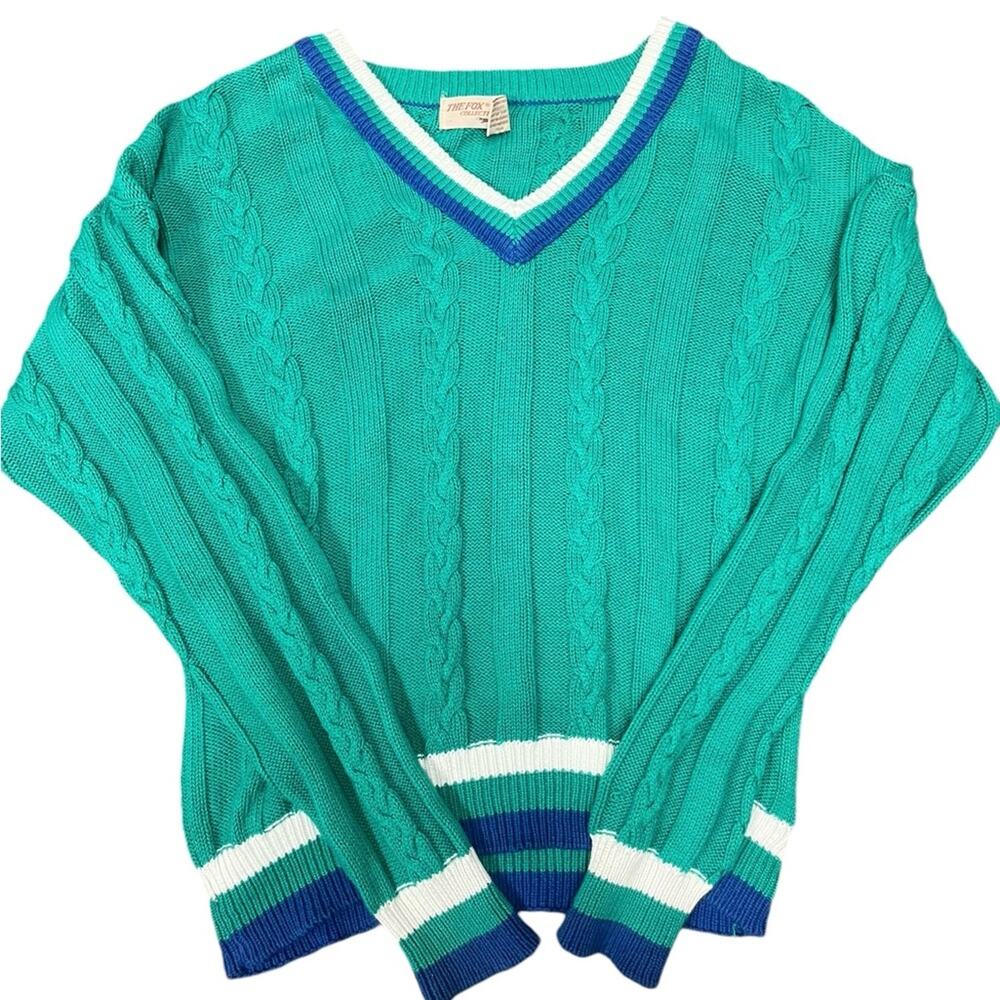 Vtg Cable Knit Chunky Tennis Prep Striped V Neck Athleisure Colorful Sweater M